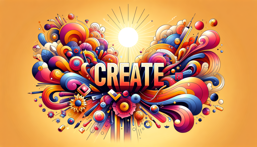 Colorful abstract artwork with the word "create" surrounded by dynamic swirls, shapes, and sunburst on an orange background.