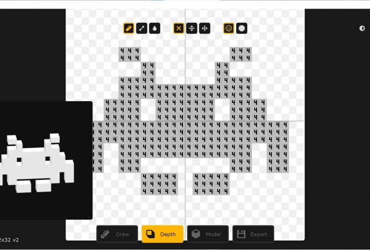 A digital interface displaying a pixelated space invader design in grey on a transparent grid, with editing tools and options at the top and bottom of the screen.
