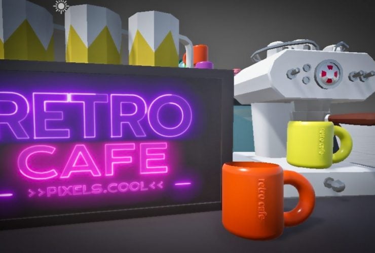 A neon sign reading "Retro Cafe" is displayed beside a coffee machine and several mugs. The yellow and orange mugs have the text "retro cafe" printed on them.