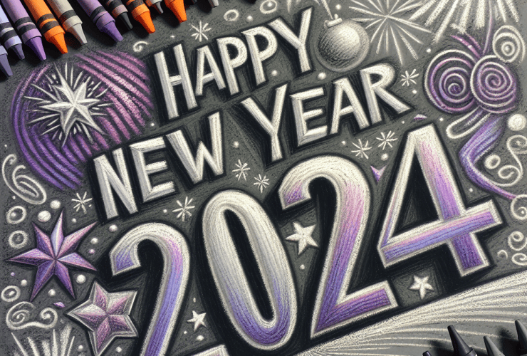 'Happy new year 2024' drawn in crayons with fireworks in the background