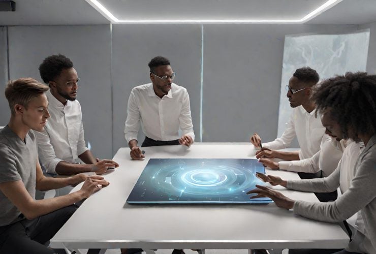 A group of people sitting around a table in a conference room.