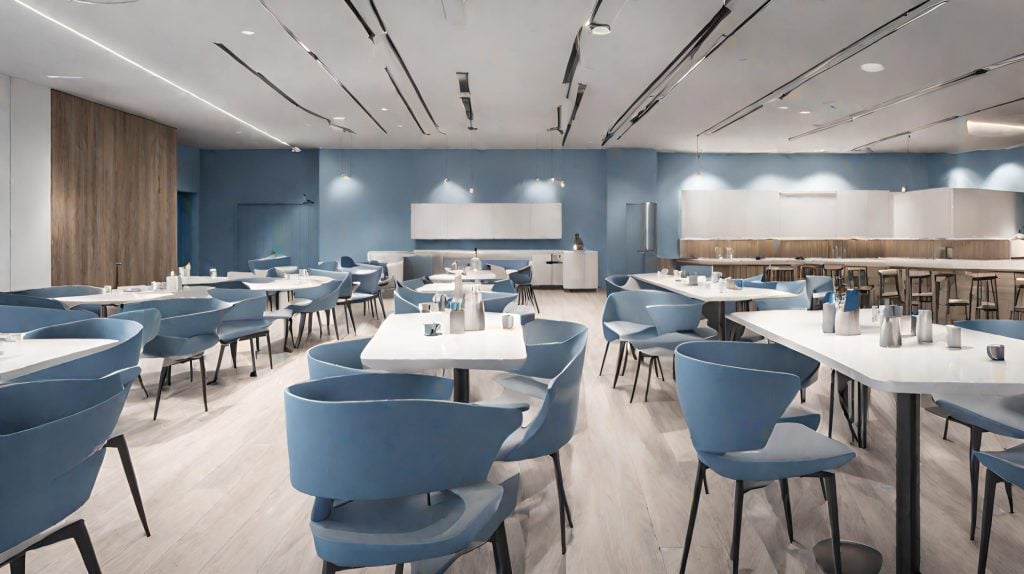 An image of a restaurant with blue walls and chairs.