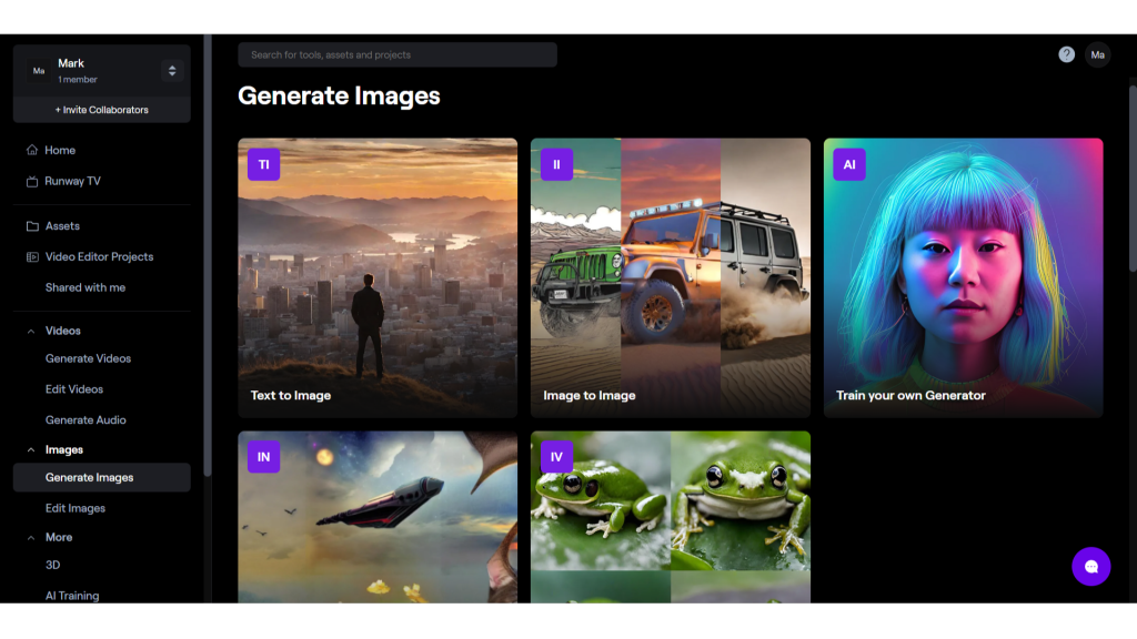 A screenshot from runway.ml showing options in the generate images section.