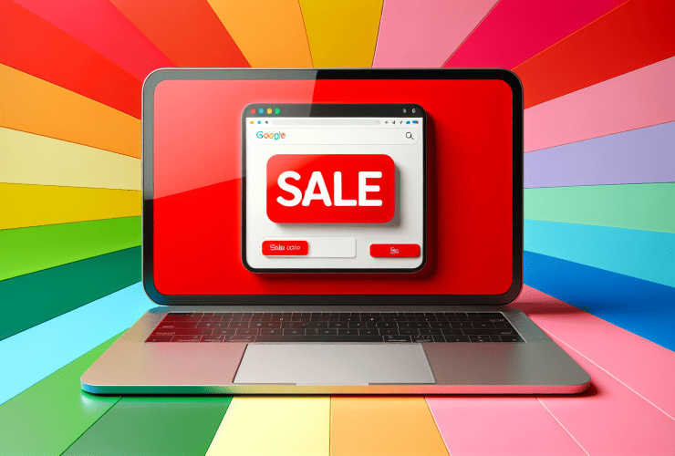 A laptop with a sale sign on it on a colorful background.