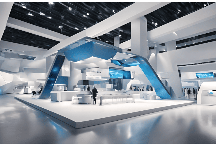 A white and blue exhibition stand with a blue and white design.