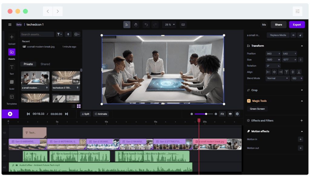 A video editor with people sitting around a table.