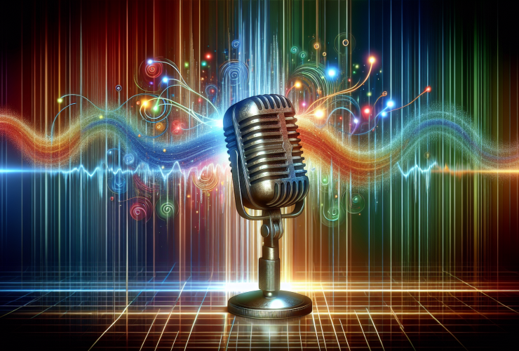 A microphone in front of a colorful background.
