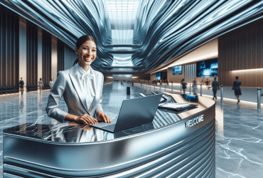 A woman at a reception desk with a laptop.