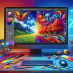 A computer screen with a colorful painting on it.