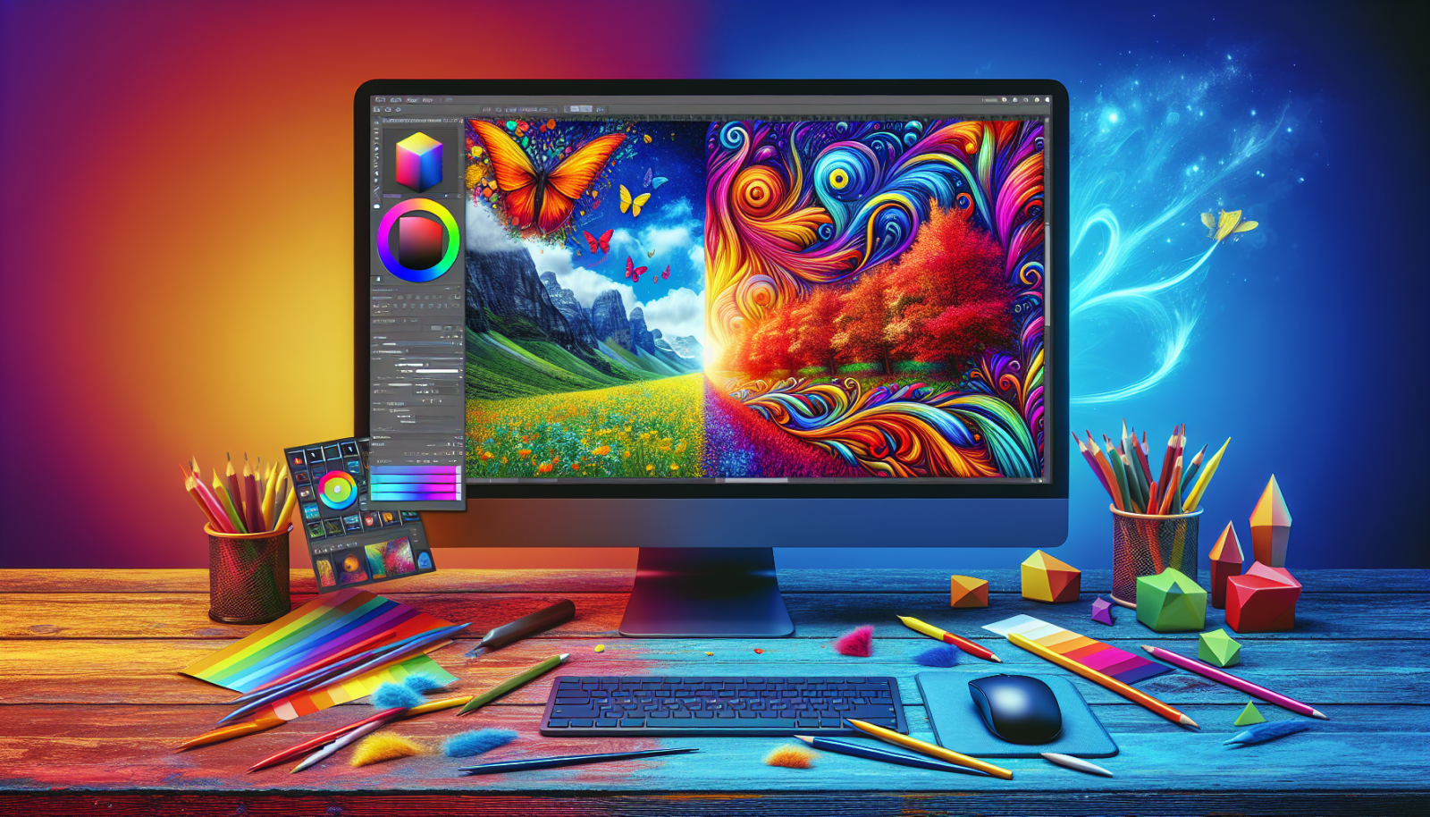 A computer screen with a colorful painting on it.
