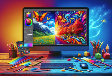 A computer screen with a colorful painting on it.