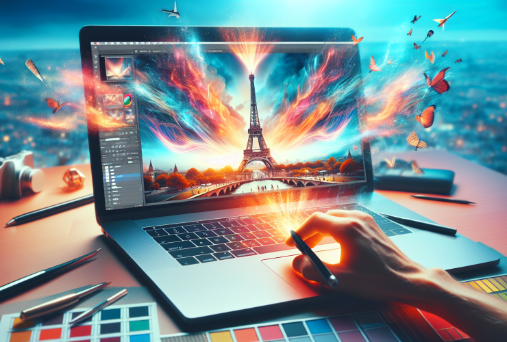 A person is working on a laptop with an image of the eiffel tower.