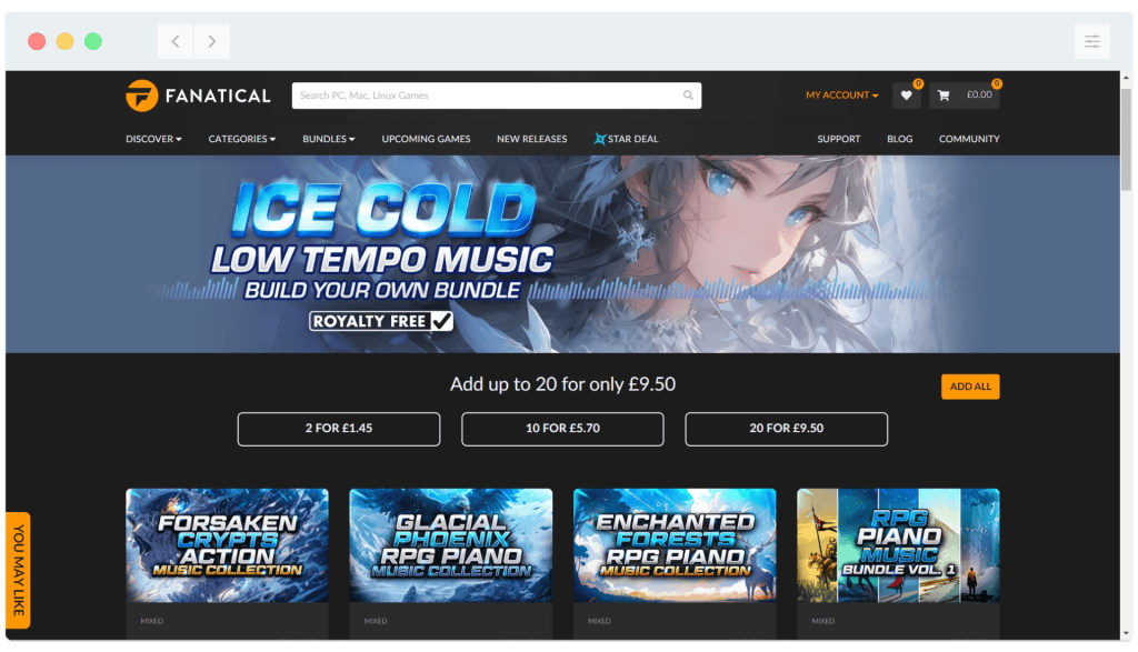 Website homepage displaying a promotional banner for "ice tempo music bundle" with additional game bundle options below.