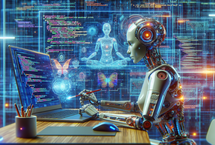 A humanoid robot with intricate mechanical detailing is seated at a futuristic workstation, interacting with coding interfaces and holographic projections against a backdrop of vibrant digital graphics.