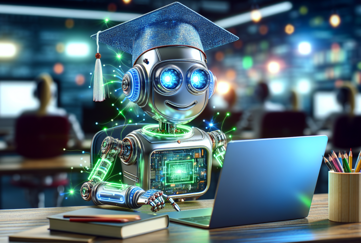 A robot wearing a graduation cap sits in front of a laptop with an open book and pencils nearby, symbolizing modern education and technology.