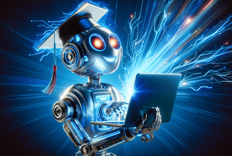 A robot with a graduation cap using a laptop and learning a new skill amidst dynamic electrical effects.