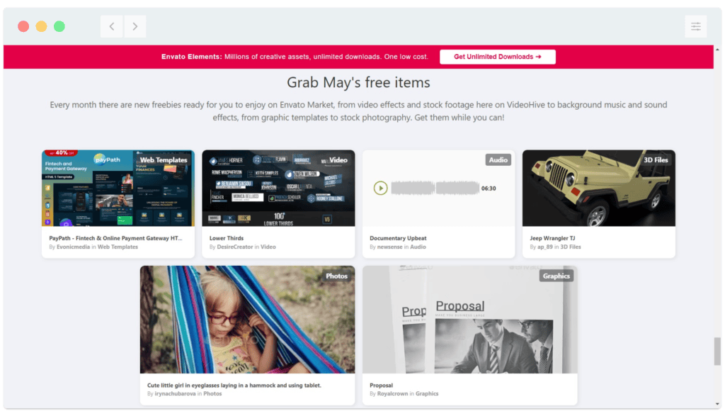 A screenshot of a website offering creative assets, displaying various categories like web templates, audio, and photos, with featured items including a sports car image and graphics.