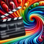 A colorful, swirling abstract background with a black movie clapperboard in the foreground.