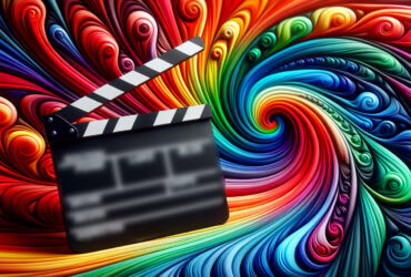 A colorful, swirling abstract background with a black movie clapperboard in the foreground.