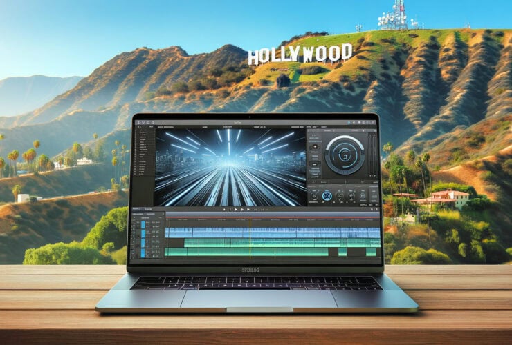 Laptop on a wooden table displaying video editing software, with a vibrant background of the hollywood hill.
