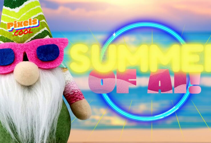 A gnome wearing pink sunglasses and a green hat stands next to glowing text "SUMMER OF AI" against a beach background. The word "pixels.cool" is written in orange in the top left corner.