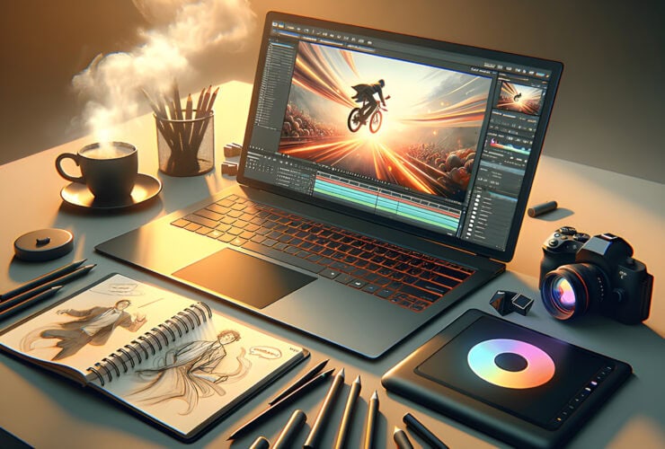 A laptop with video editing software, a graphics tablet, camera, sketchbook with drawings, and various art supplies on a desk. A steaming cup of coffee is next to the laptop.