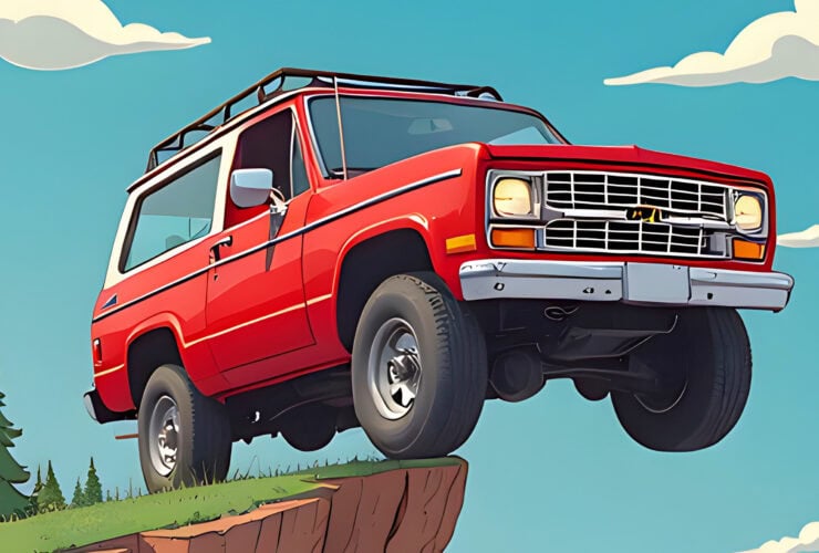 Illustration of a red off-road vehicle with a roof rack driving off a cliff edge, against a background of blue sky and clouds.