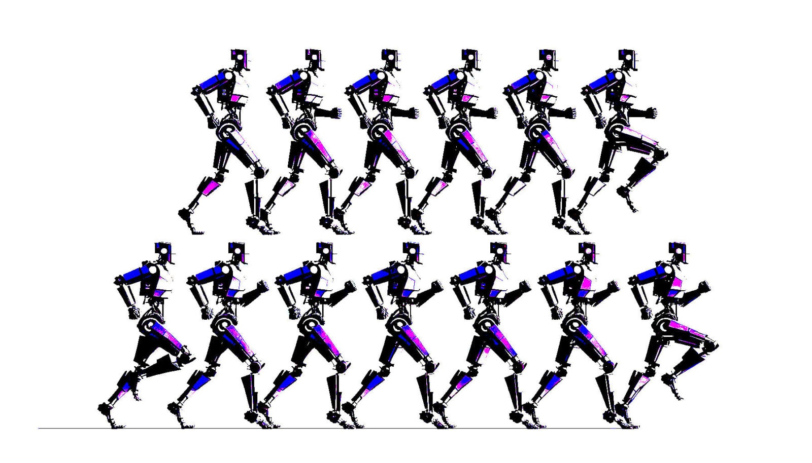 Two rows of identical robots in different running positions, showing motion sequence. Robots have a skeletal-like structure with blue and purple highlights. Background is white.