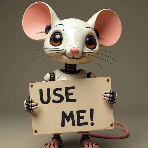 A cute robot mouse holding a sign that reads, "USE ME!.