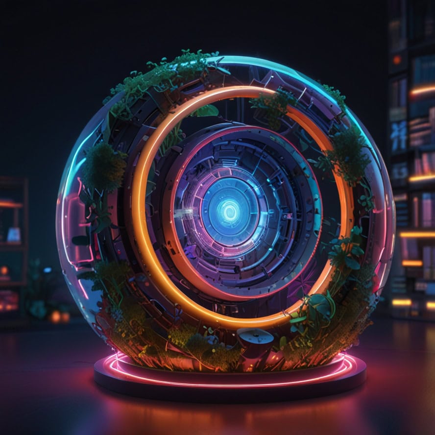 A futuristic, glowing sphere with concentric rings and embedded greenery, set in a dimly lit room filled with technology and books.