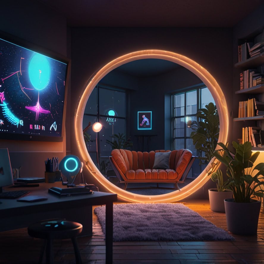 A cozy room with a large circular LED light fixture, a computer setup, and a sofa. Walls feature framed art and a shelving unit holds books and plants.