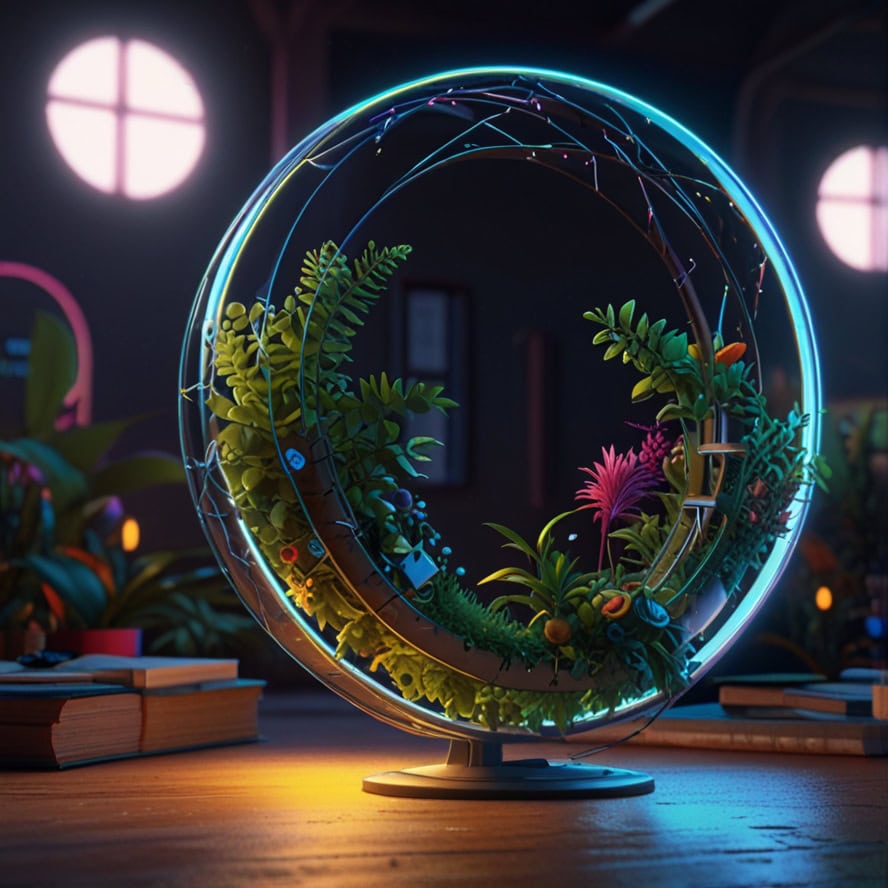 A glowing orb-shaped terrarium with vibrant plants and foliage inside, set on a table with books, in a dimly lit room.