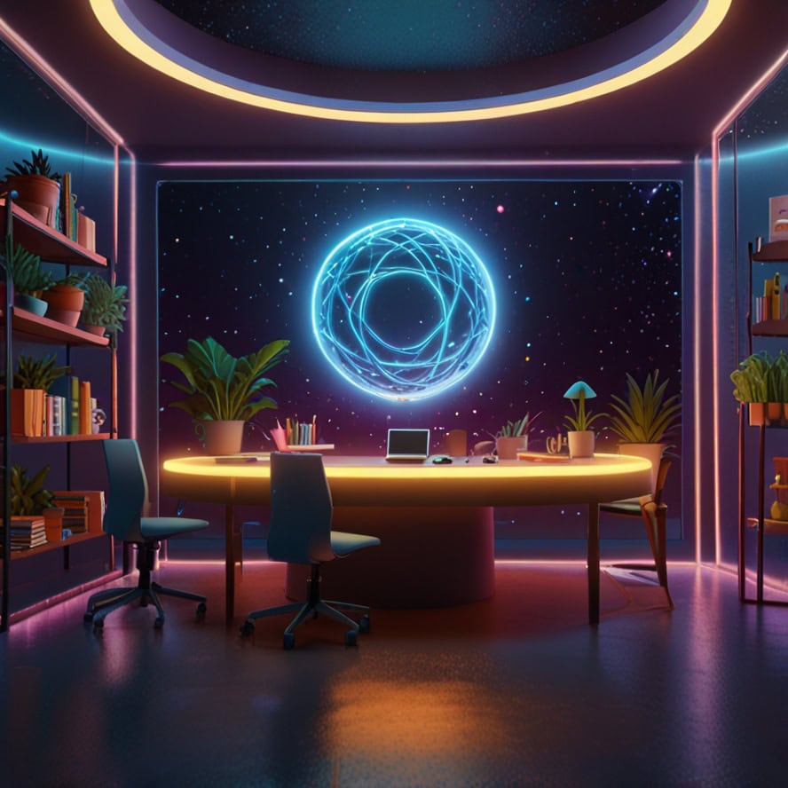 Futuristic office with a large round desk, two chairs, plants, and a glowing blue holographic display on a starry background.