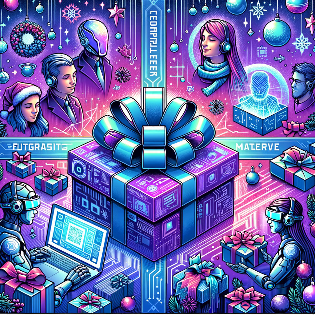 Futuristic digital art showing people wearing headsets around a large tech-themed gift box with robotic elements and smaller gifts, set against a vibrant, festive background.