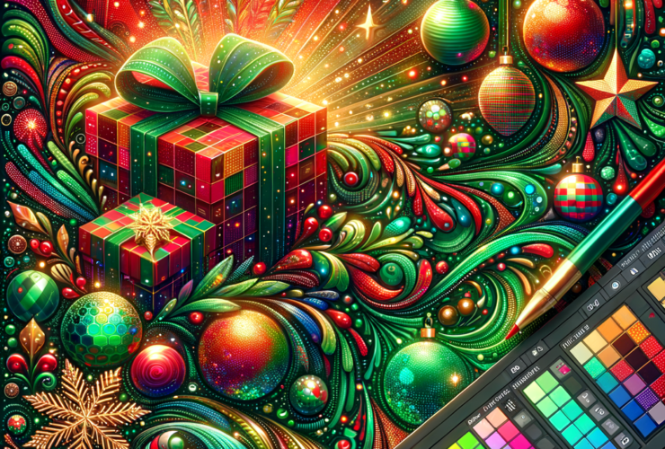Colorful holiday-themed illustration with ornaments, a glowing gift box, lights, and paint palette. Rich in reds, greens, and golds with intricate patterns and textures.