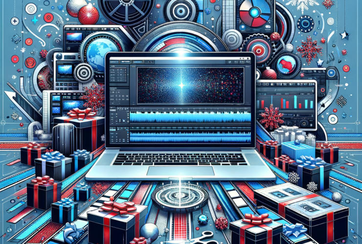 A laptop with a digital audio workstation display is surrounded by music equipment, gears, snowflakes, and wrapped gifts on a blue, tech-themed background.