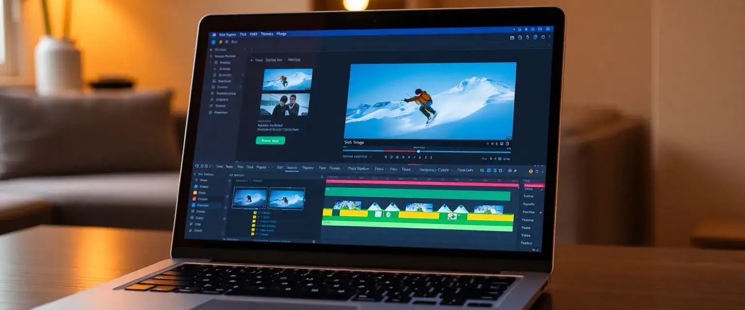 A laptop displays a video editing software interface with a video of a person skiing on snow-covered mountains.