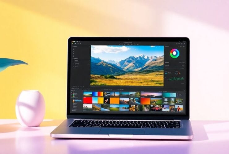 A laptop displaying photo editing software with a mountain landscape on the screen. A potted plant and a vase are on the desk against a yellow and pink gradient wall.