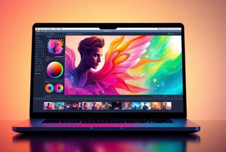 A laptop displaying digital artwork featuring a person with colorful, wing-like elements on a vibrant background. The image editing software interface is visible on the screen.