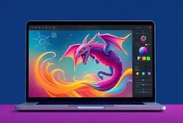 A laptop displaying digital art of a colorful dragon against a blue background. Tools and color palettes are visible on the screen.