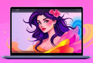 Illustrated woman with purple hair and pink flower in it appears on a laptop screen, with a colorful abstract background.