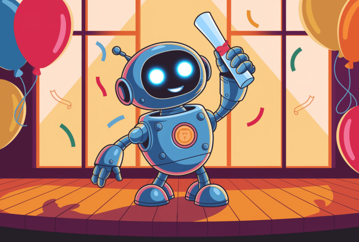 A cheerful robot holding a rolled-up paper on a stage with colorful balloons and confetti.