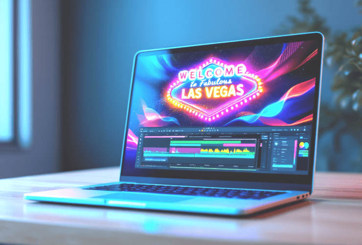 A laptop on a desk displays a video editing program with a bright "Welcome to Fabulous Las Vegas" sign.