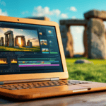 Laptop with video editing software open, displaying Stonehenge image, set outdoors near a Stonehenge-like structure.