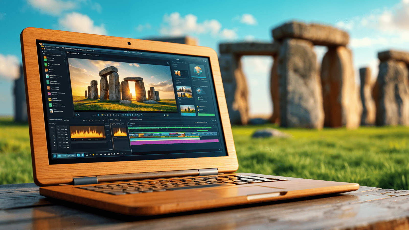 Laptop with video editing software open, displaying Stonehenge image, set outdoors near a Stonehenge-like structure.