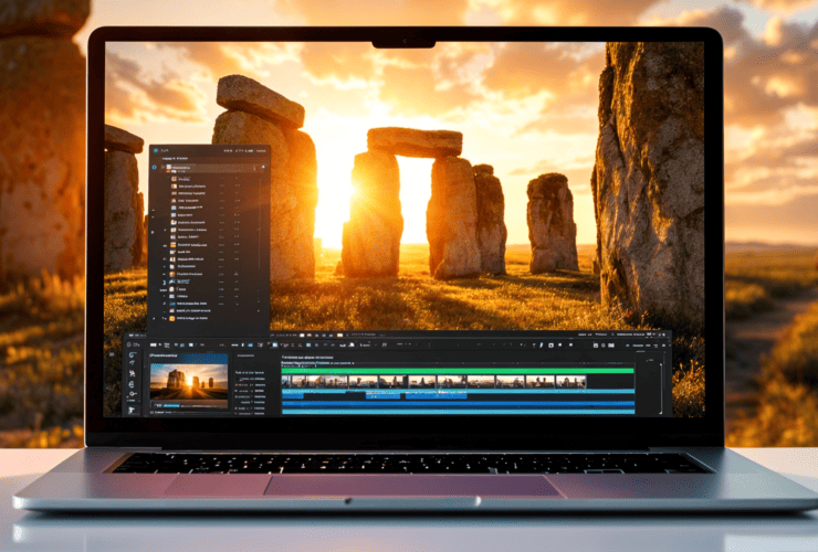 A laptop displaying video editing software with Stonehenge at sunset on the screen.
