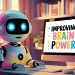 A robot sits at a computer with the screen displaying "Improving Brain Power" in a cozy, well-lit room.