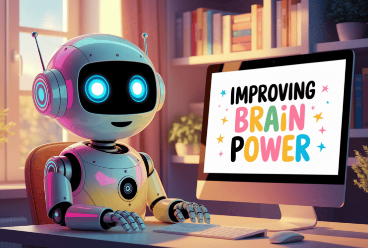 A robot sits at a computer with the screen displaying "Improving Brain Power" in a cozy, well-lit room.