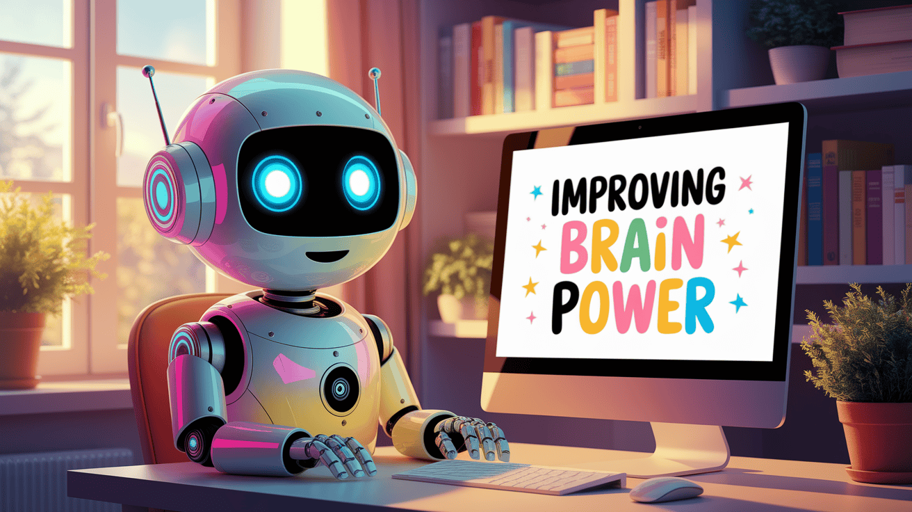 A robot sits at a computer with the screen displaying "Improving Brain Power" in a cozy, well-lit room.
