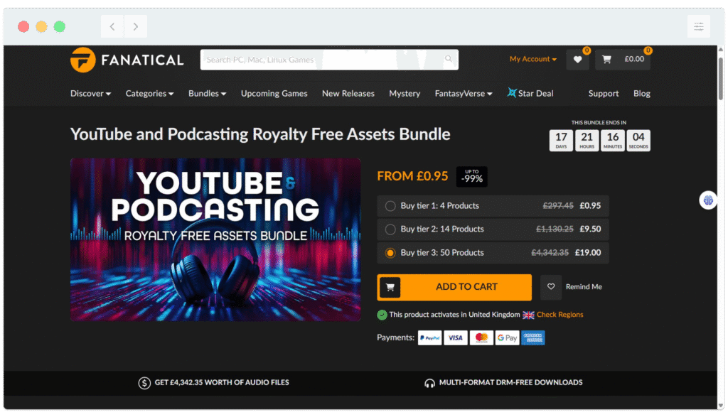 Fanatical webpage featuring a YouTube and Podcasting Royalty Free Assets Bundle offer with pricing and product details.